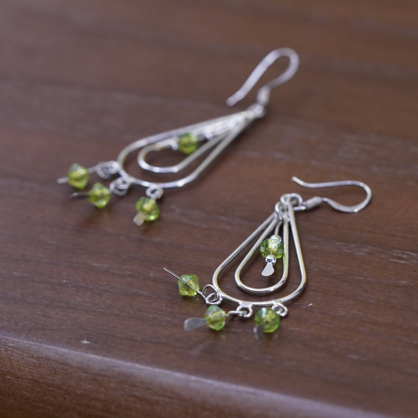 Vintage Sterling silver handmade earrings, 925 teardrop with peridot beads