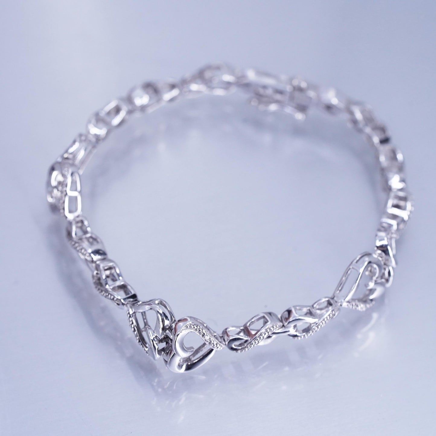 6.75”, Vintage Sterling 925 silver tennis double heart bracelet with diamonds