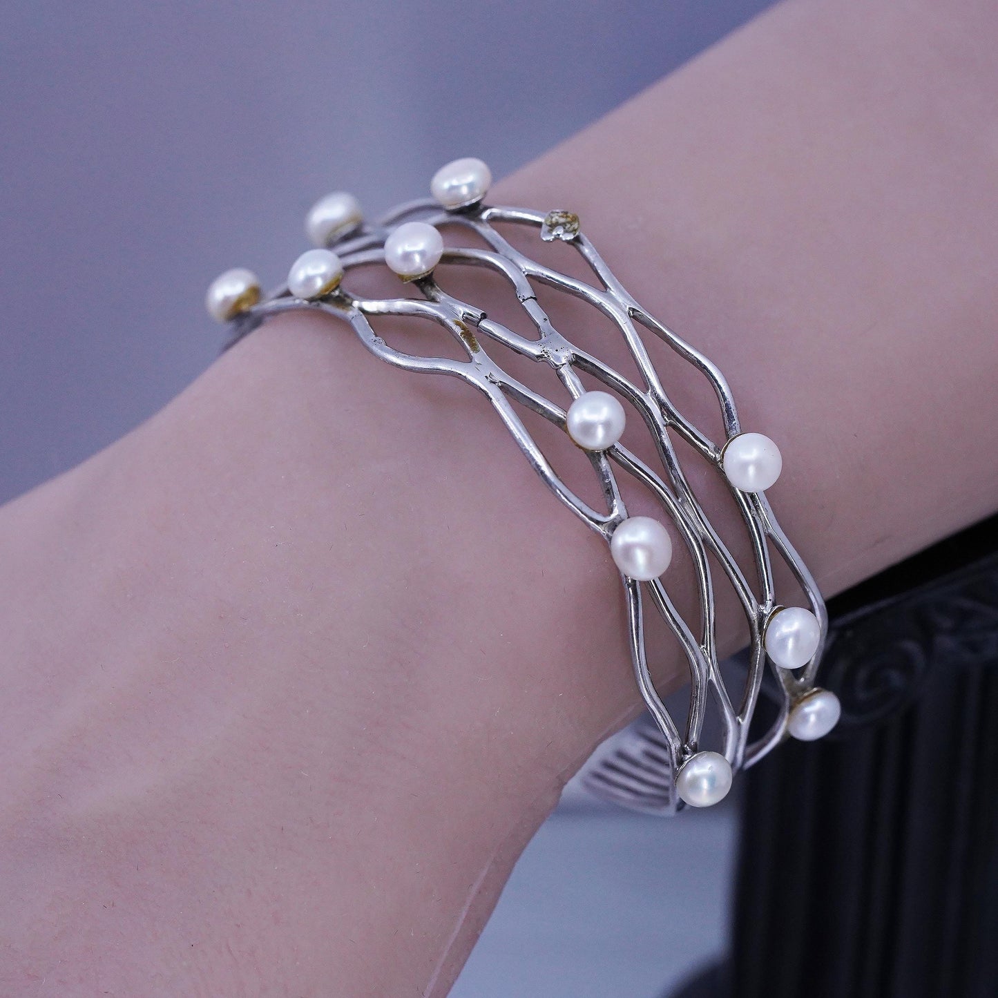 7", DAMAGED! Sterling 925 silver bracelet, ocean wave cuff freshwater pearls