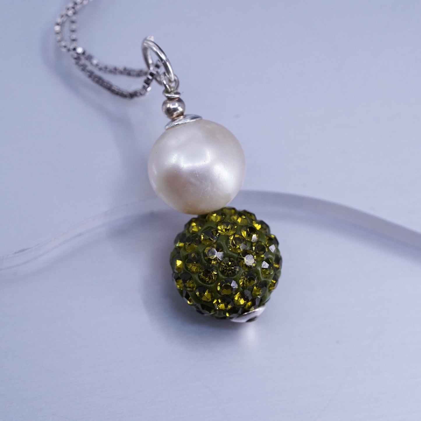 18”, Vintage Sterling 925 silver box necklace pearl green crystal bead pendant