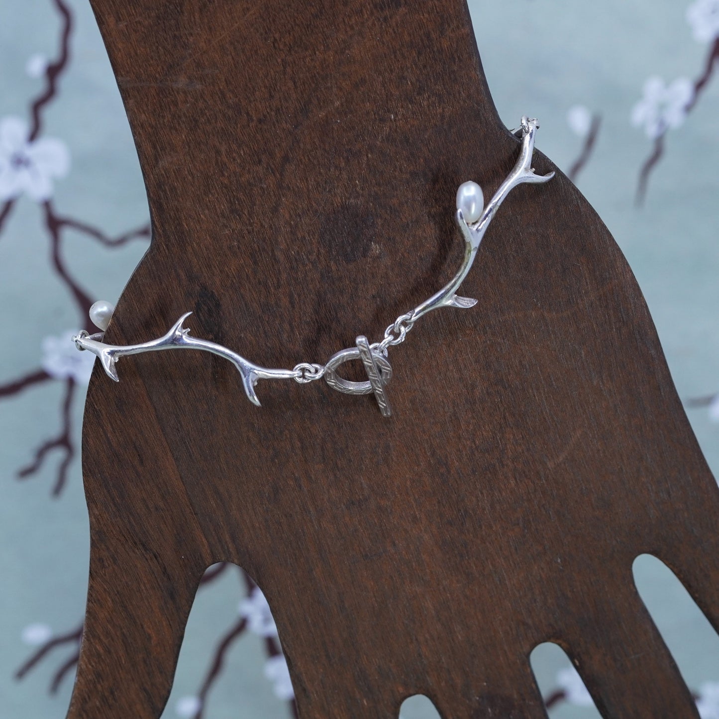 7”, Vintage sterling silver handmade bracelet, 925 branch link chain with pearl