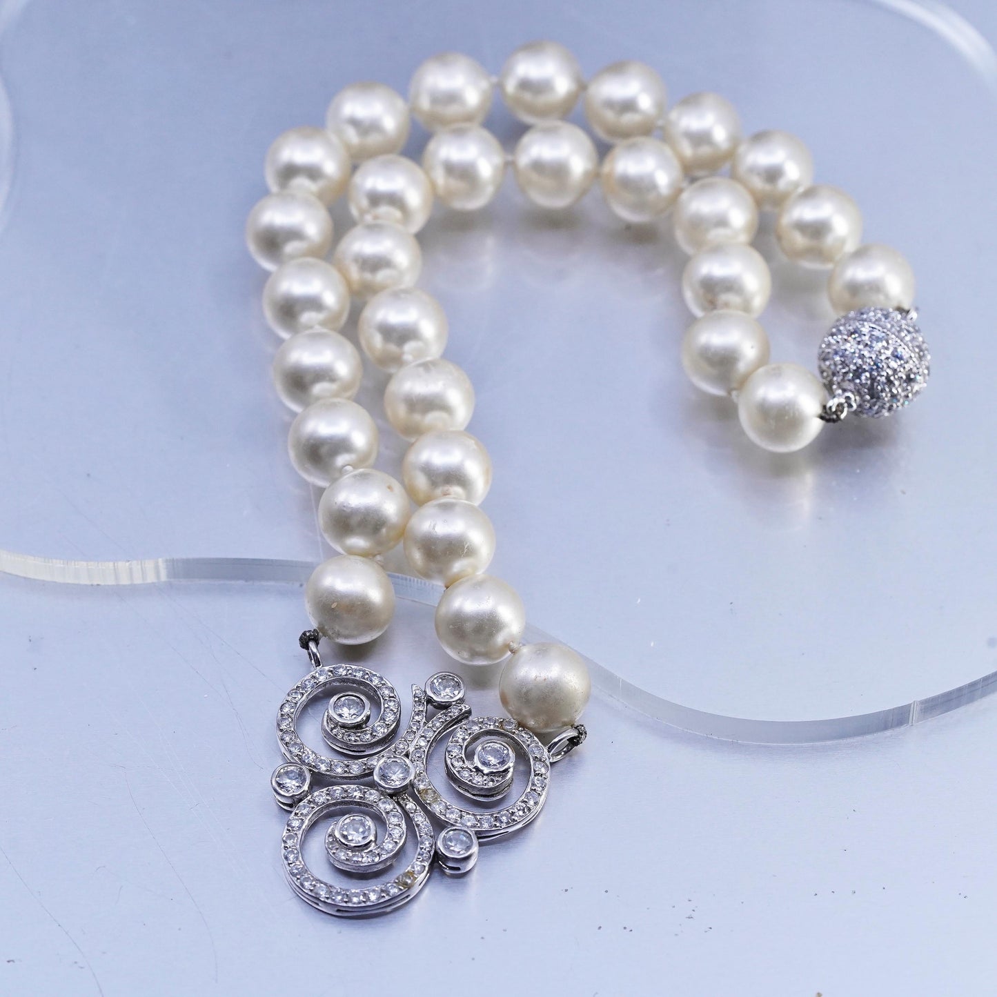 16", CWE Sterling 925 silver necklace pearl beads cluster cz spiral pendant