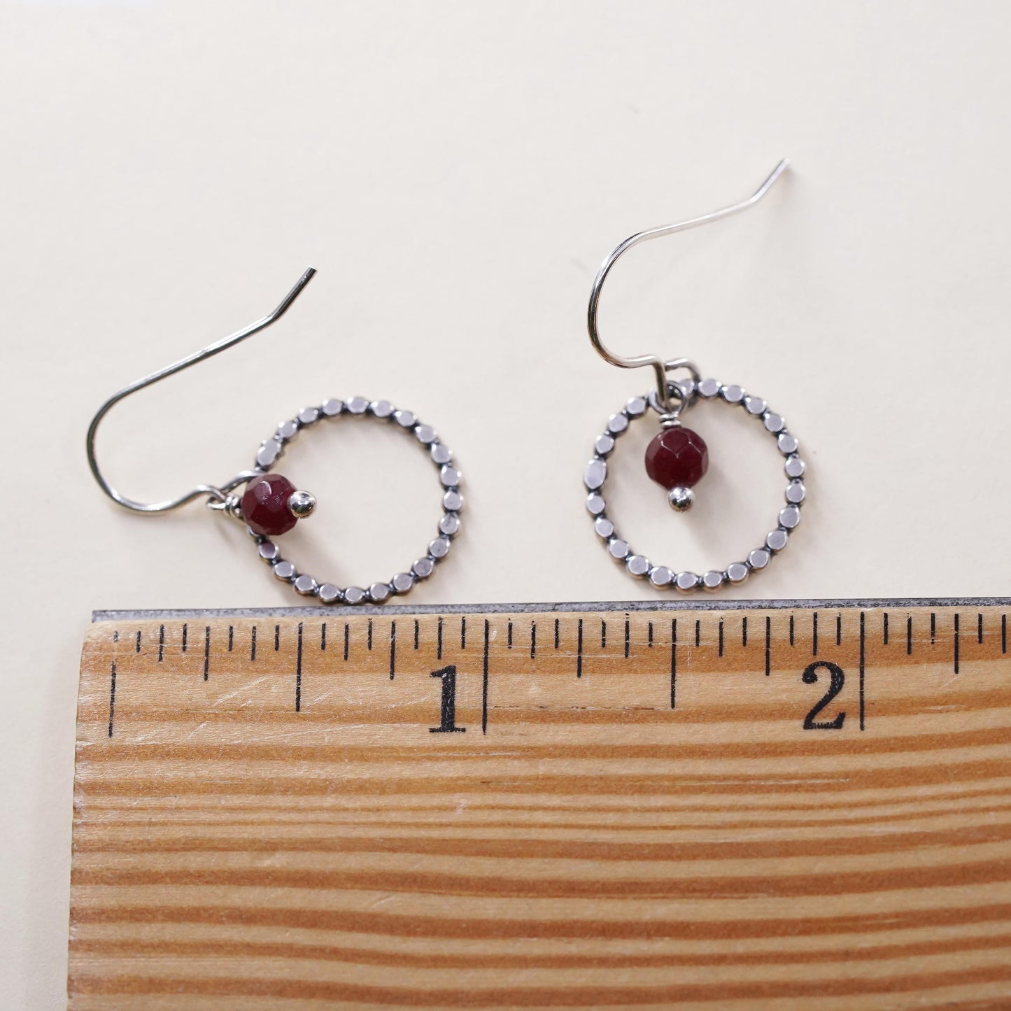 Vintage Sterling silver handmade earrings, 925 circle with Indian ruby