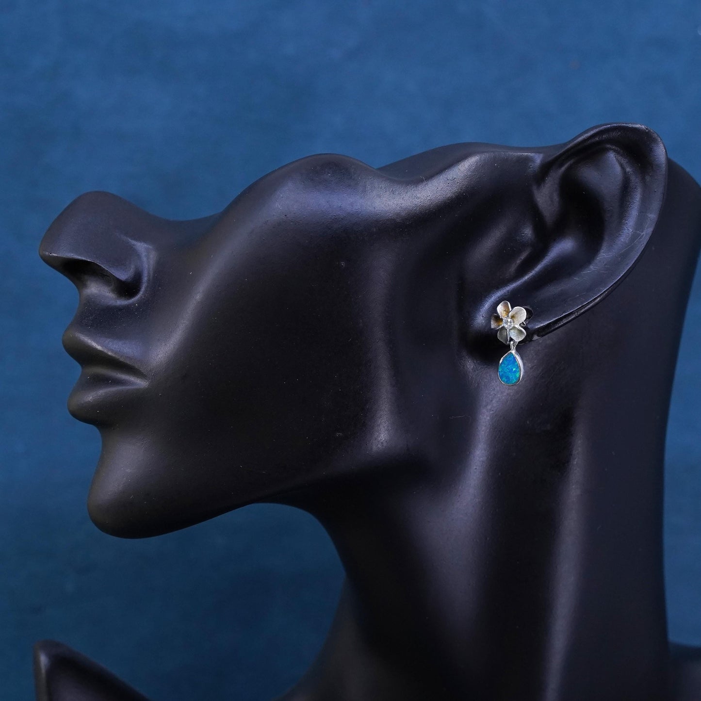 VTG Sterling silver earrings, 925 plumeria flower drops cz teardrop fire opal