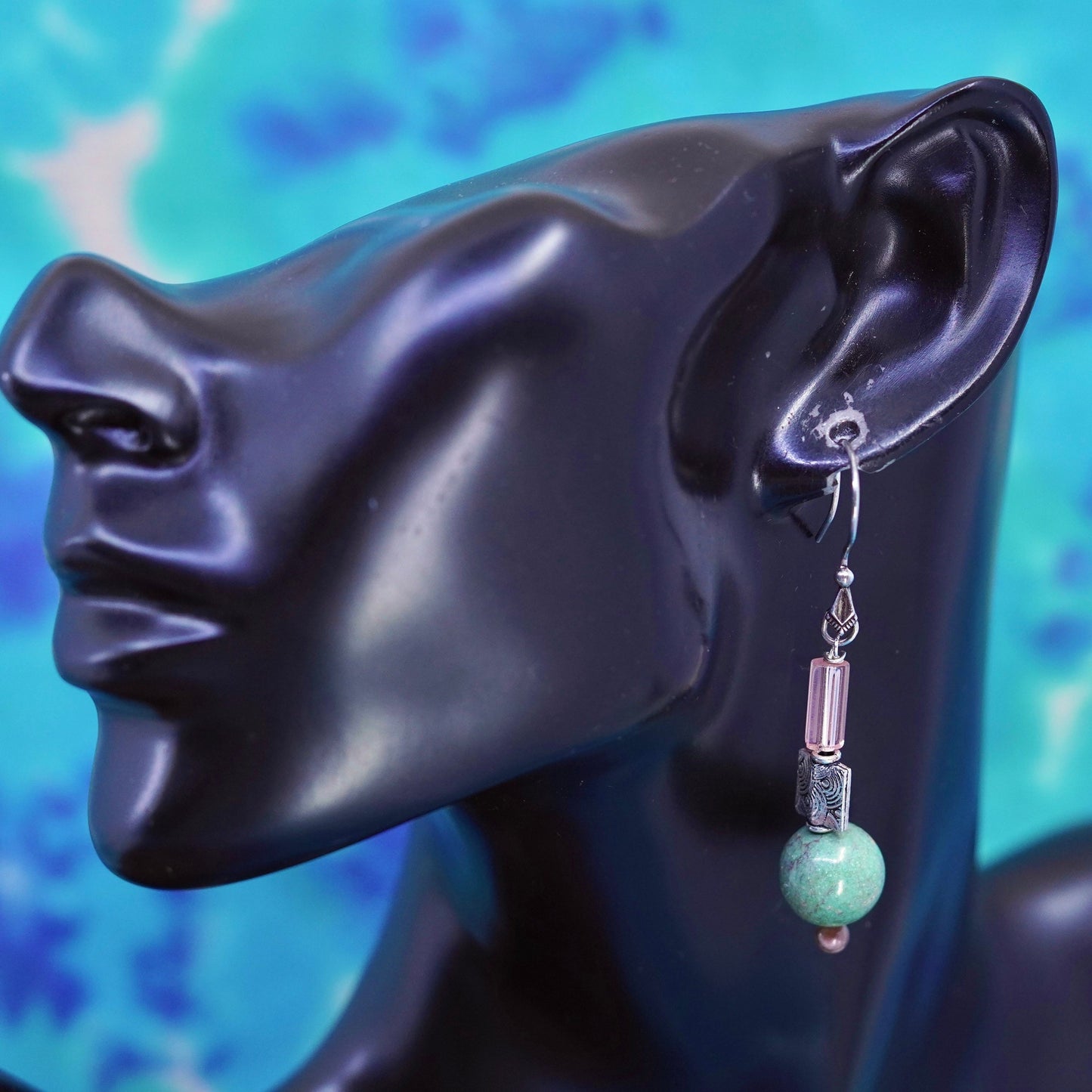 2”, sterling silver handmade earrings, 925 hooks with turquoise pink crystal