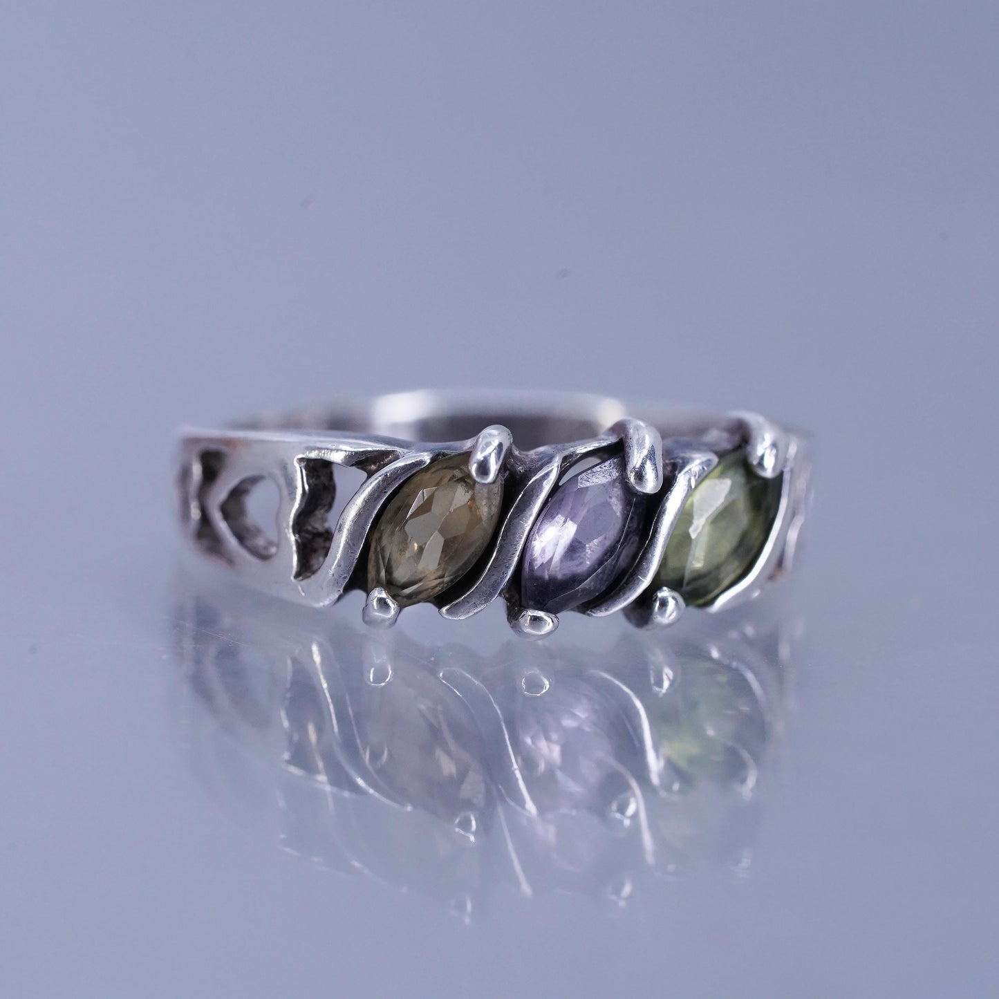 Size 5, vintage Sterling 925 silver handmade ring with amethyst peridot citrine
