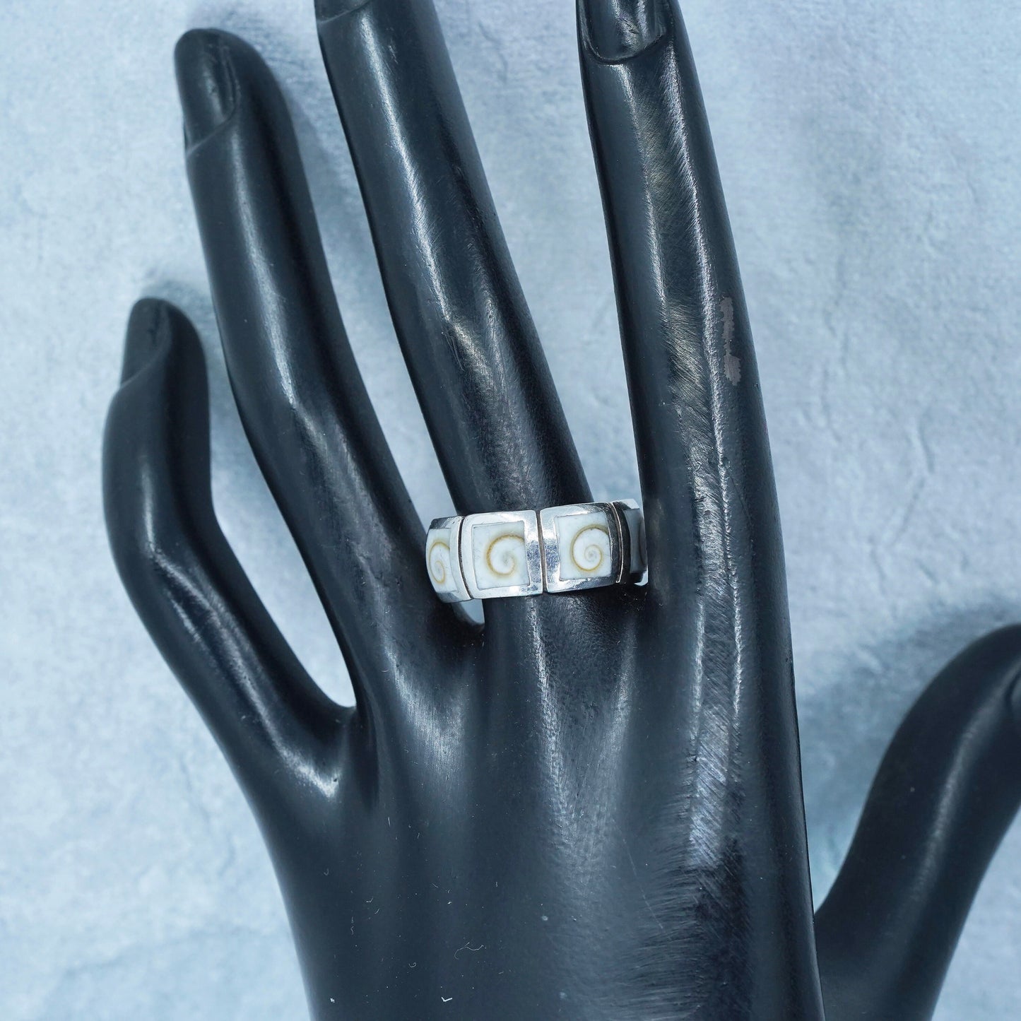 sz 8.5, Sterling 925 Silver Shiva eye Ring | Mexican Jewelry, band fossil shell