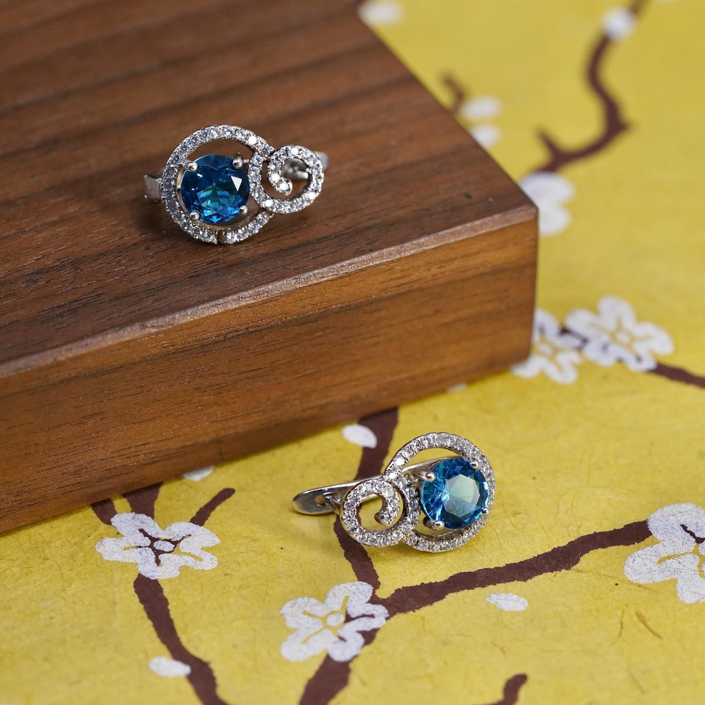 Vintage Sterling silver earrings, 925 Huggie hoops cluster cz blue crystal