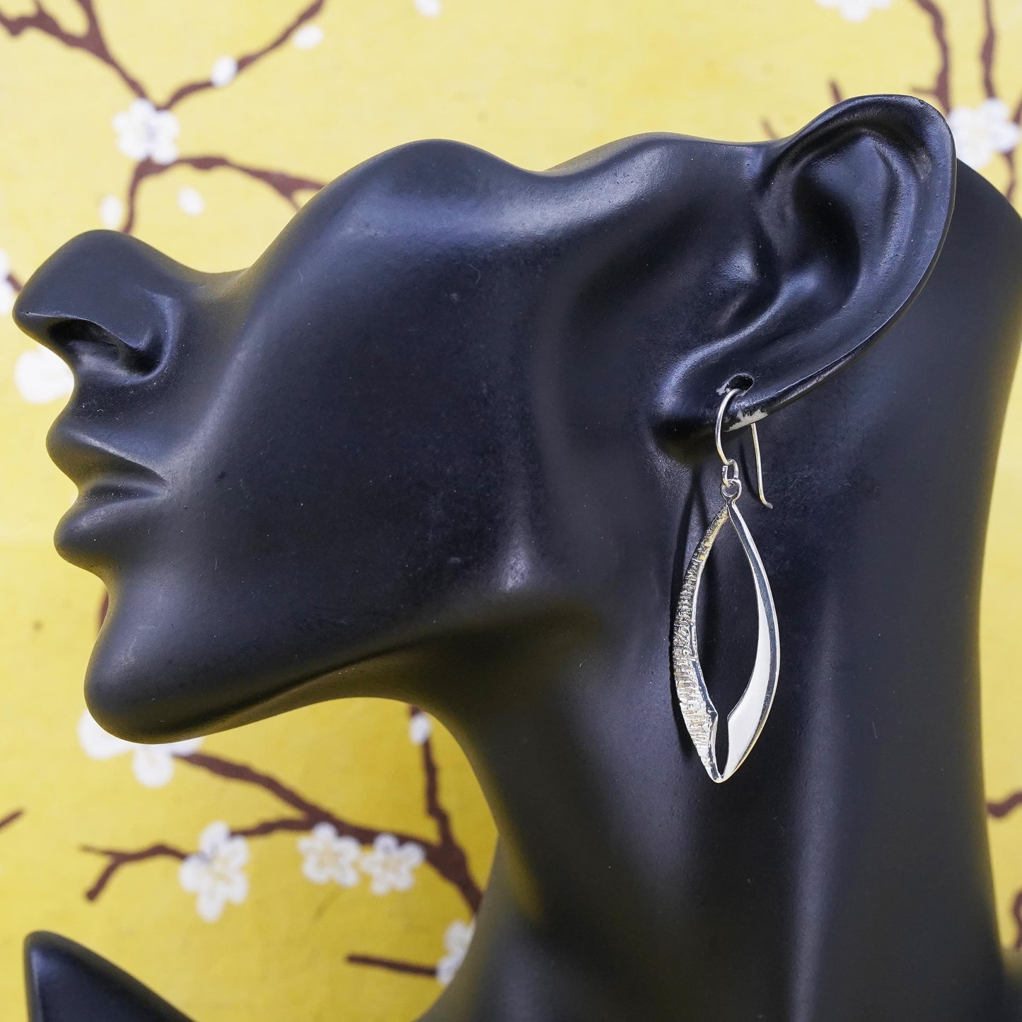 Vintage Sterling silver handmade earrings, 925 leaves shaped, textured dangles