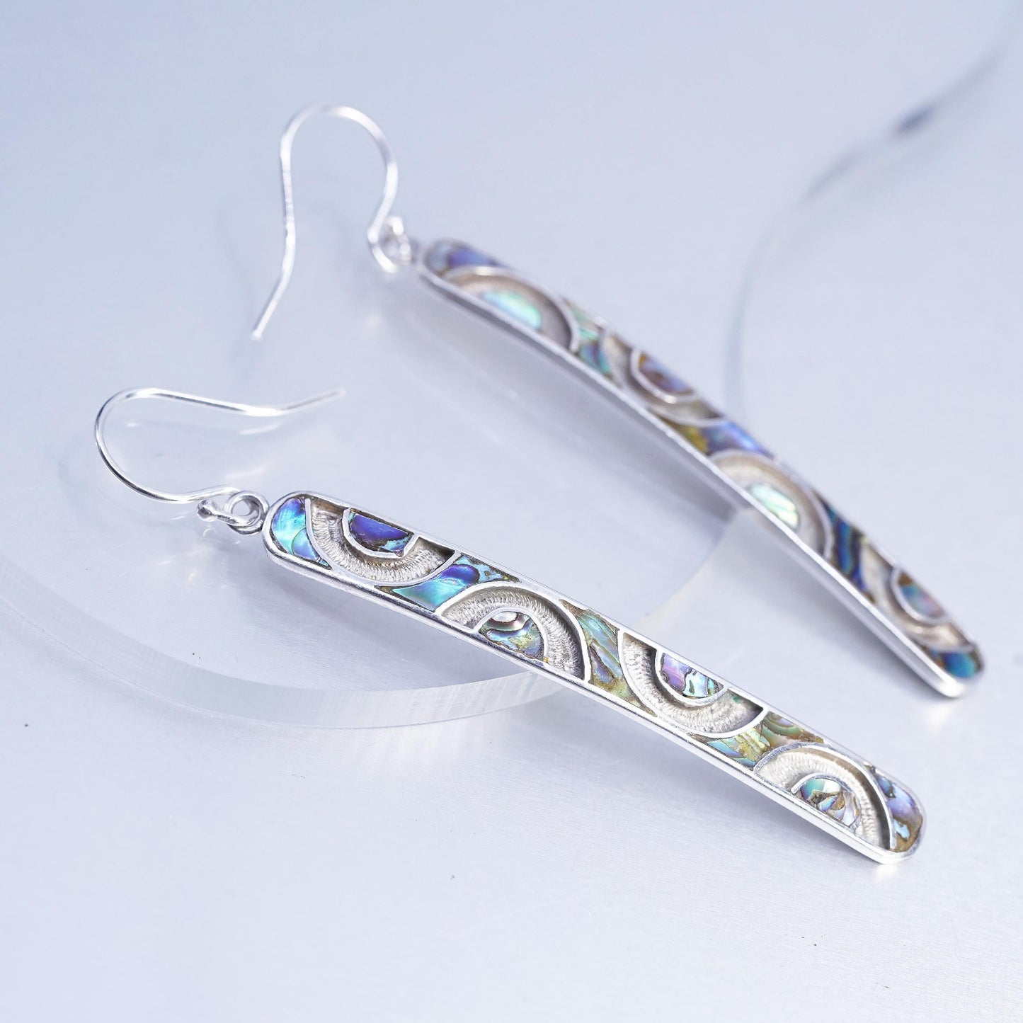 3” drop, Vintage Sterling 925 silver handmade long earrings with abalone inlay