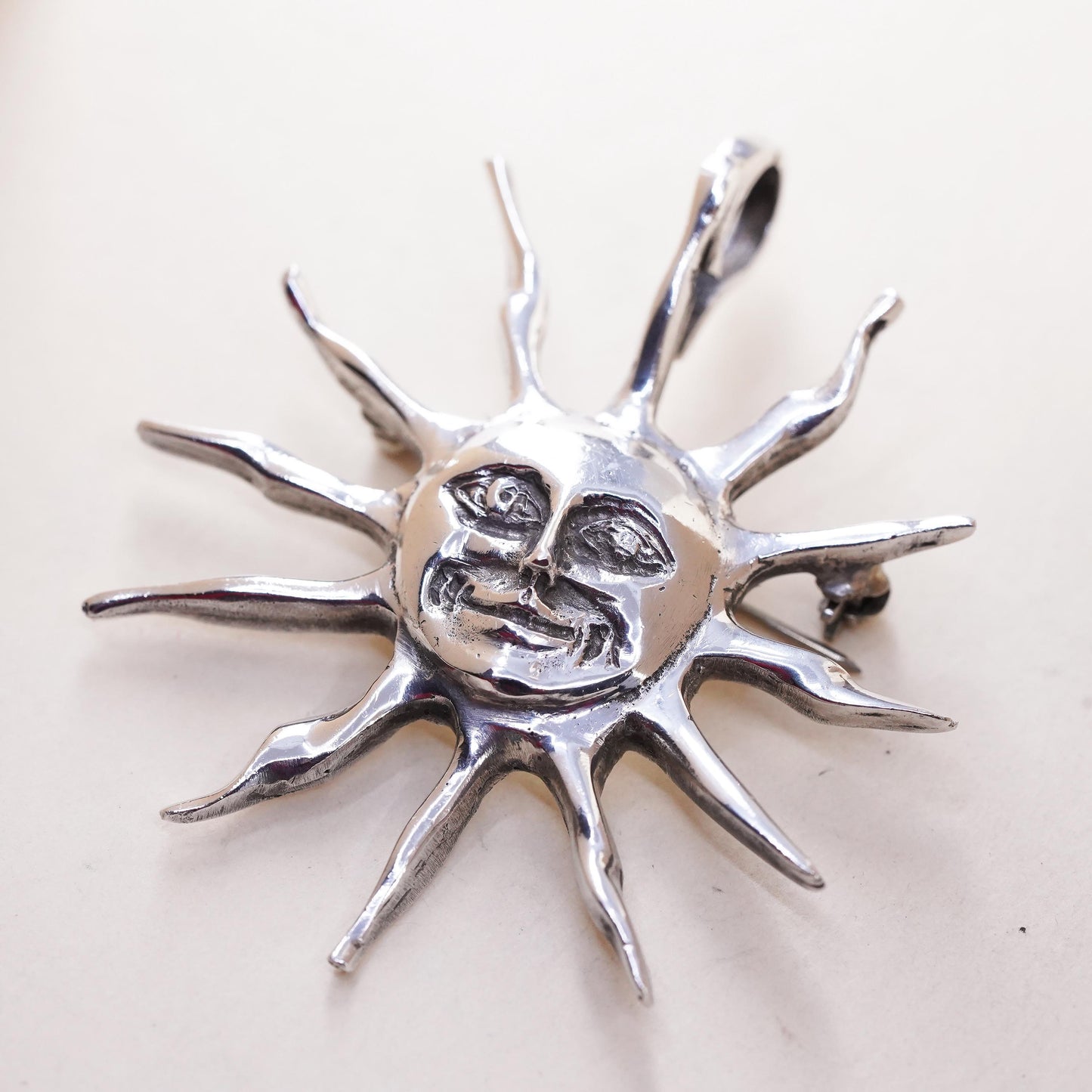 Vintage Mexican Sterling silver handmade sun face pendant, 925 brooch
