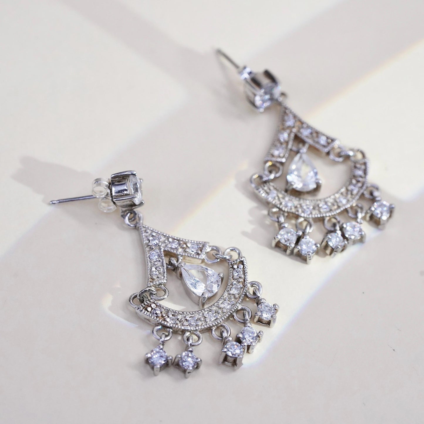 925 Sterling Silver Cluster CZ Chandelier Earrings, Teardrop Wedding Dangles