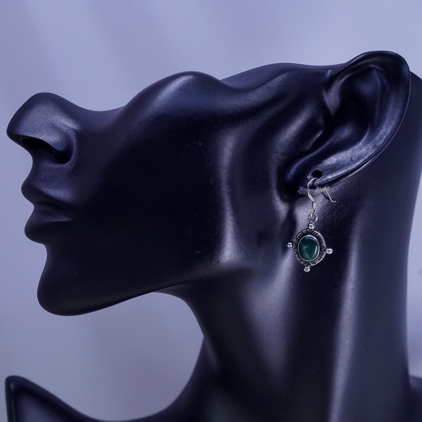 Vintage mexico sterling silver handmade earrings, 925 dangles oval malachite