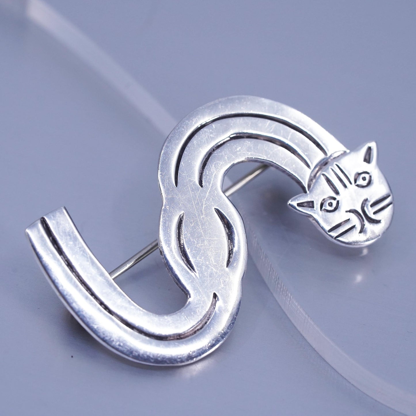 Vintage sterling silver handmade brooch, 925 letter S kitty cat pin