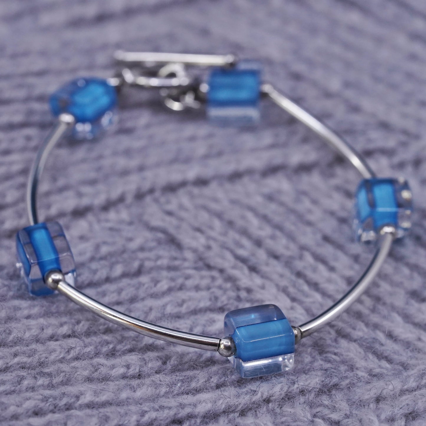 7", vintage Sterling silver handmade bracelet, 925 arched bar with blue crystal