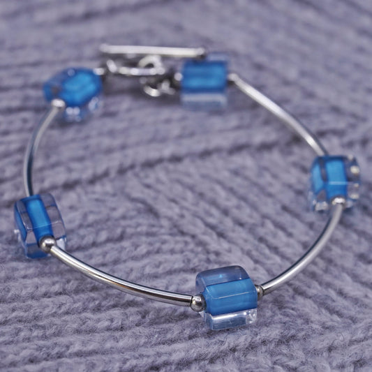 7", vintage Sterling silver handmade bracelet, 925 arched bar with blue crystal
