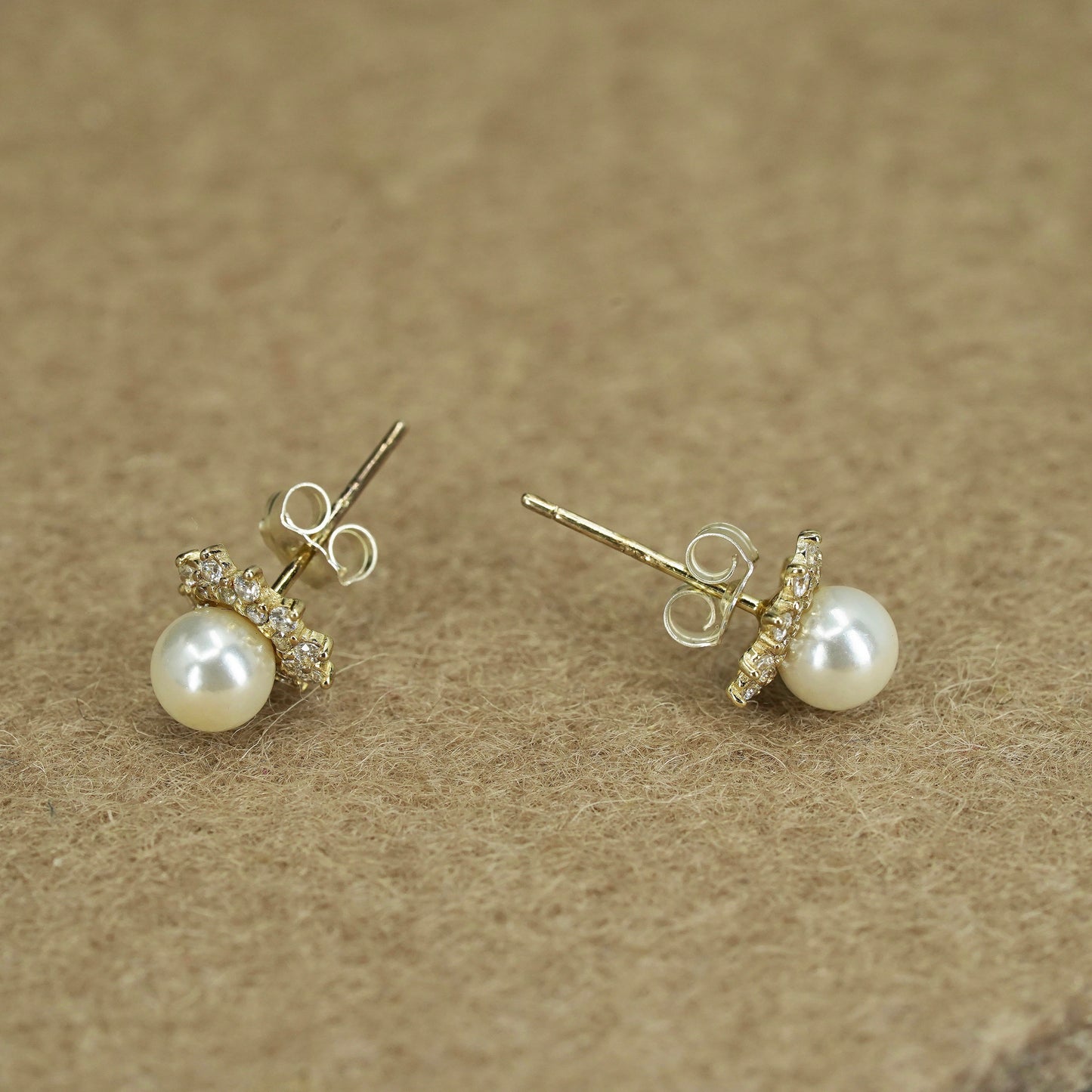 Vintage Sterling 925 silver handmade earrings, studs with pearl and cz