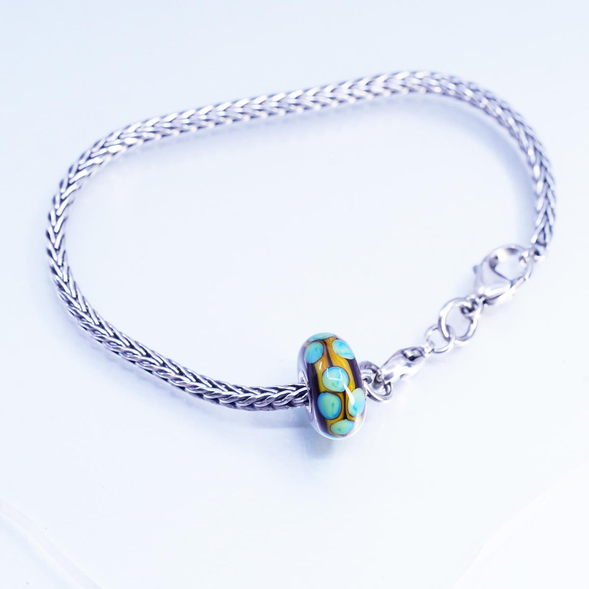 7” trollbead LAA sterling silver bracelet, bold 925 wheat artisan glass charms