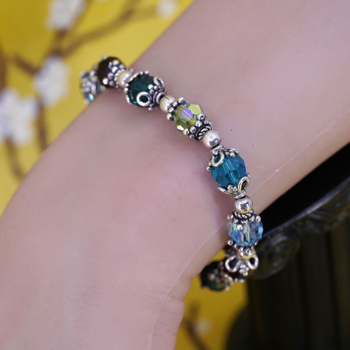 6.75”, Saki Sterling silver bracelet, 925 beads with crystal and toggle closure