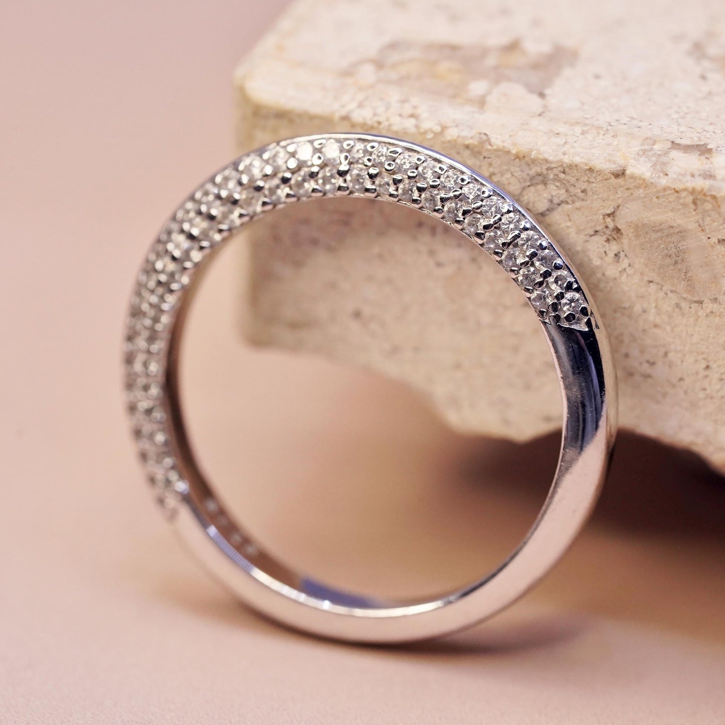 Size 7.75, vintage sterling silver ring with cluster Cz, statement band