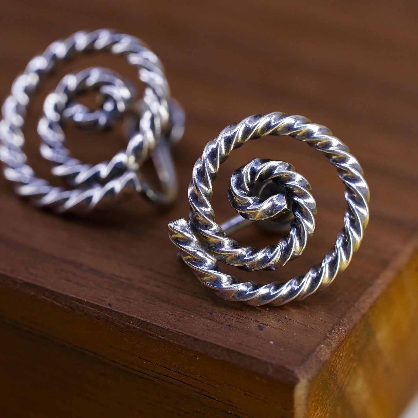 Vintage Sterling silver handmade screw back earrings, 925 twisted spiral