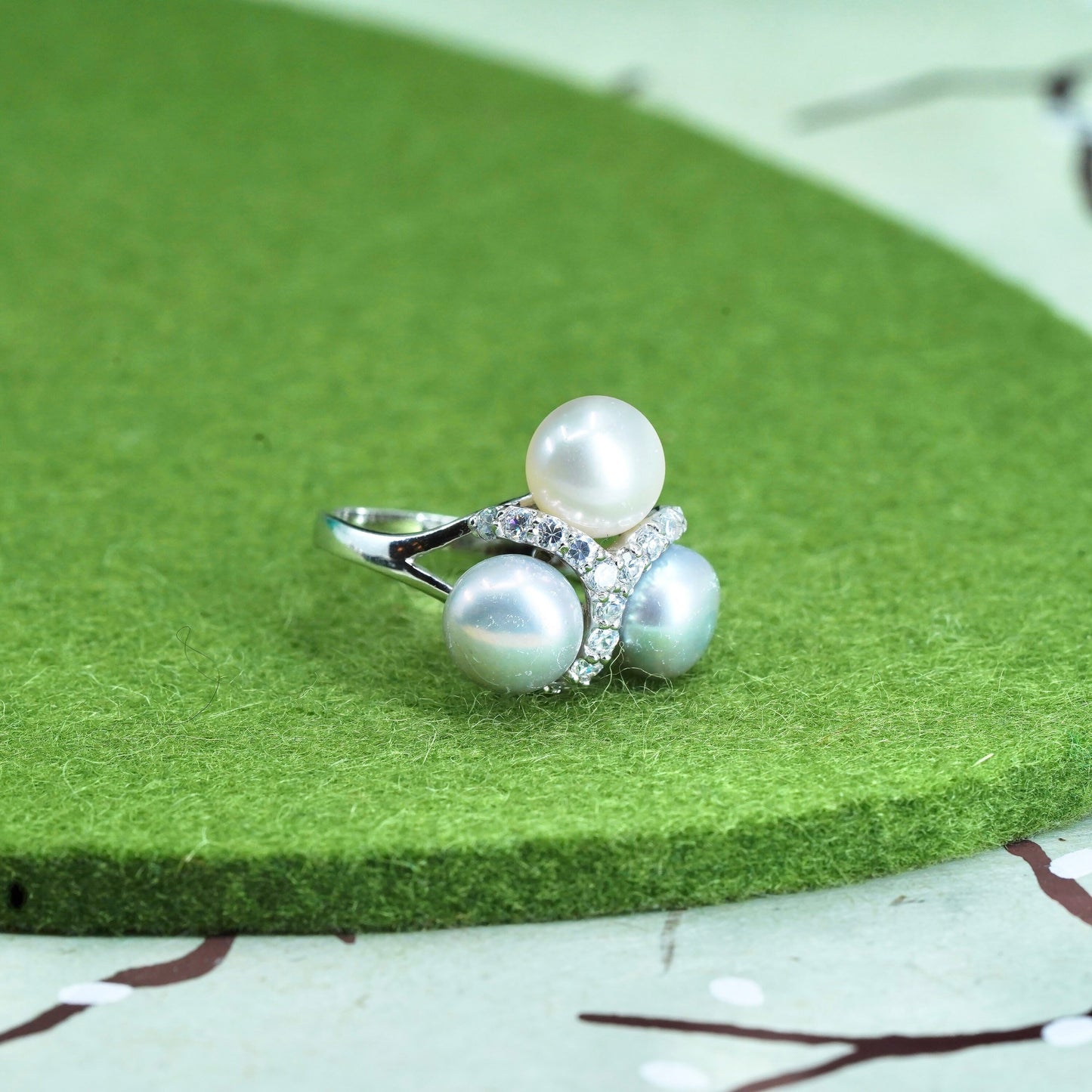 Size 9.25, vintage Sterling silver handmade ring, 925 band with pearls and cz