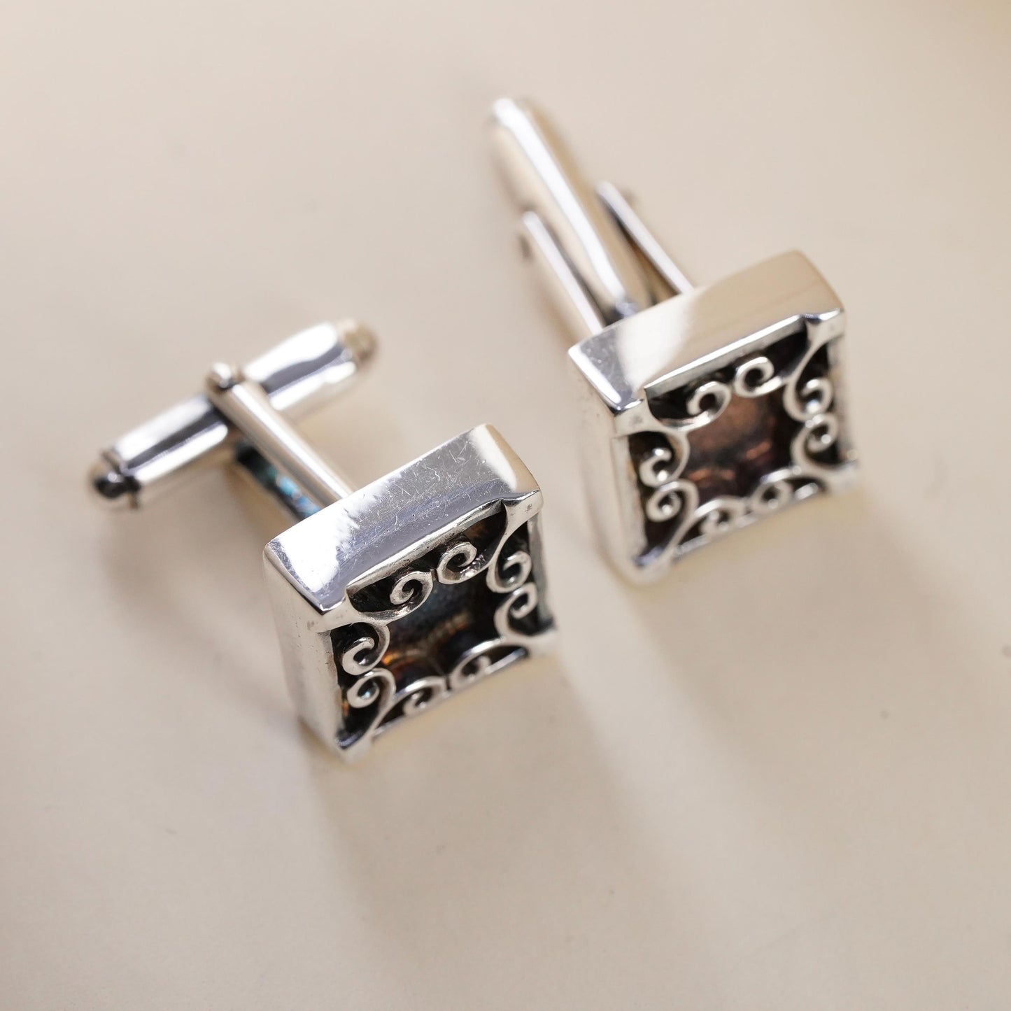 VTG sterling silver square filigree swirly cuff links, handmade 925 cufflinks