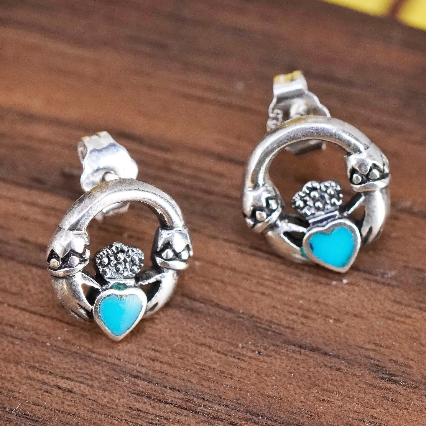 Vintage Sterling silver handmade earrings, 925 heart claddagh studs