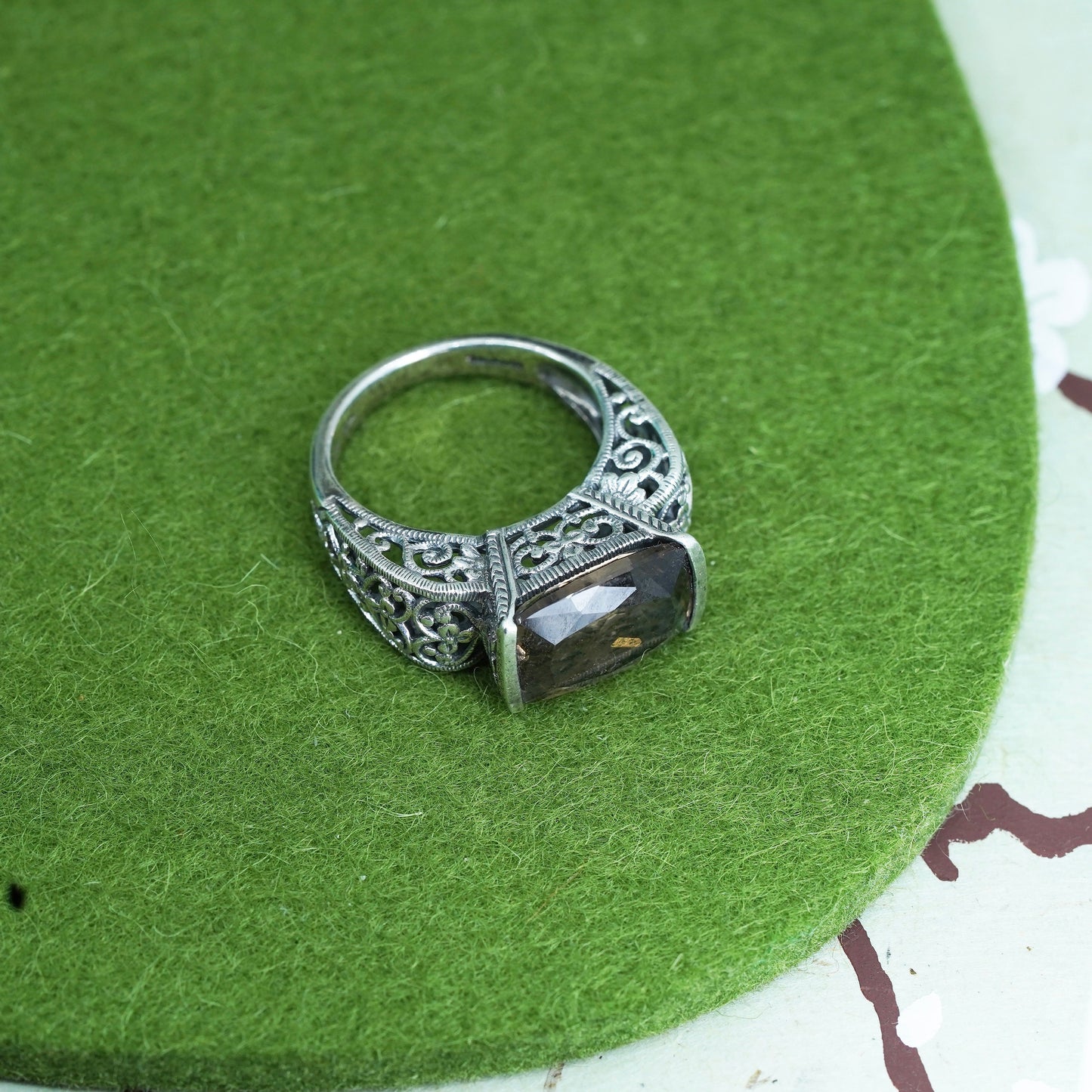 Size 8, sterling silver handmade filigree ring, 925 statement ring smoky topaz