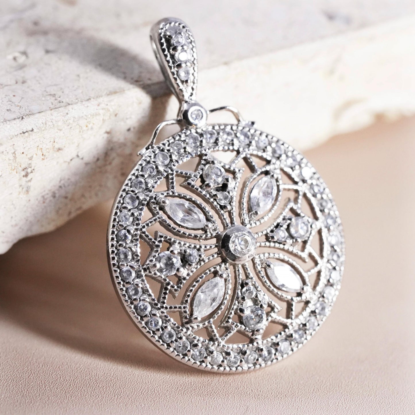 Vintage Sterling 925 silver circle pendant with cluster cz