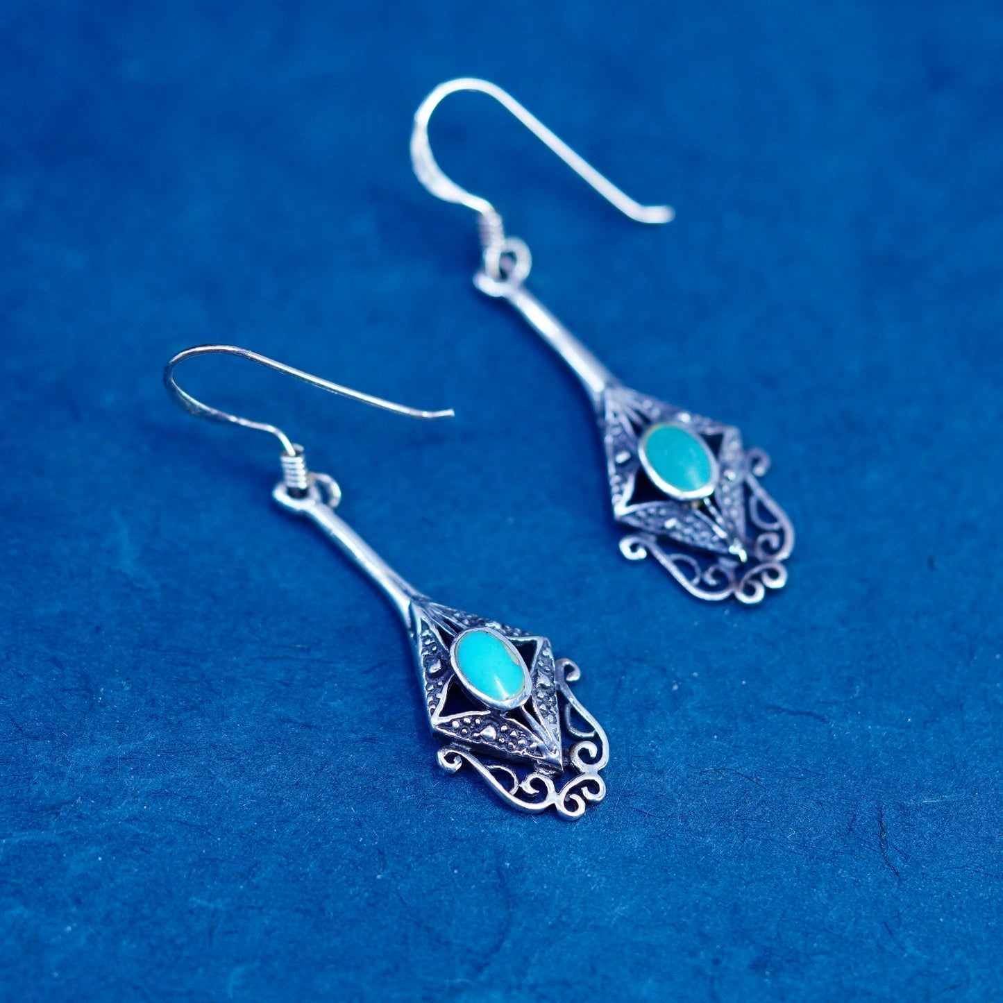 Vintage Sterling 925 silver handmade filigree earrings with turquoise