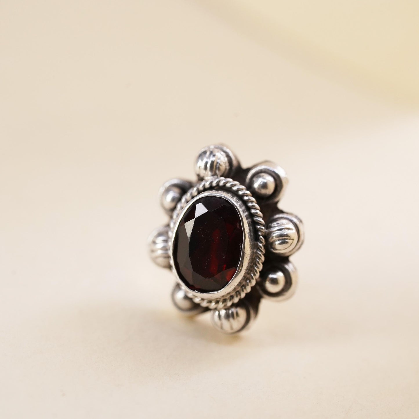Vintage handmade single earring. Sterling 925 silver stud with garnet