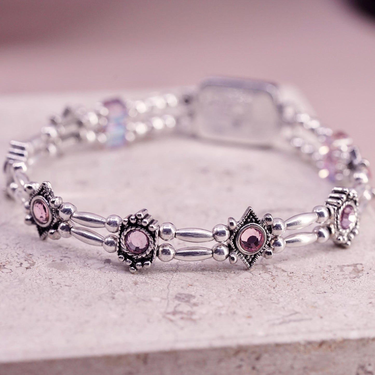 7.5", VTG Sterling 925 silver handmade tennis bracelet amethyst crystal beads