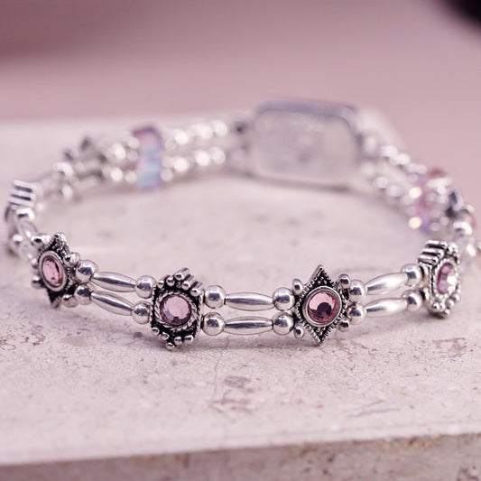 7.5", VTG Sterling 925 silver handmade tennis bracelet amethyst crystal beads