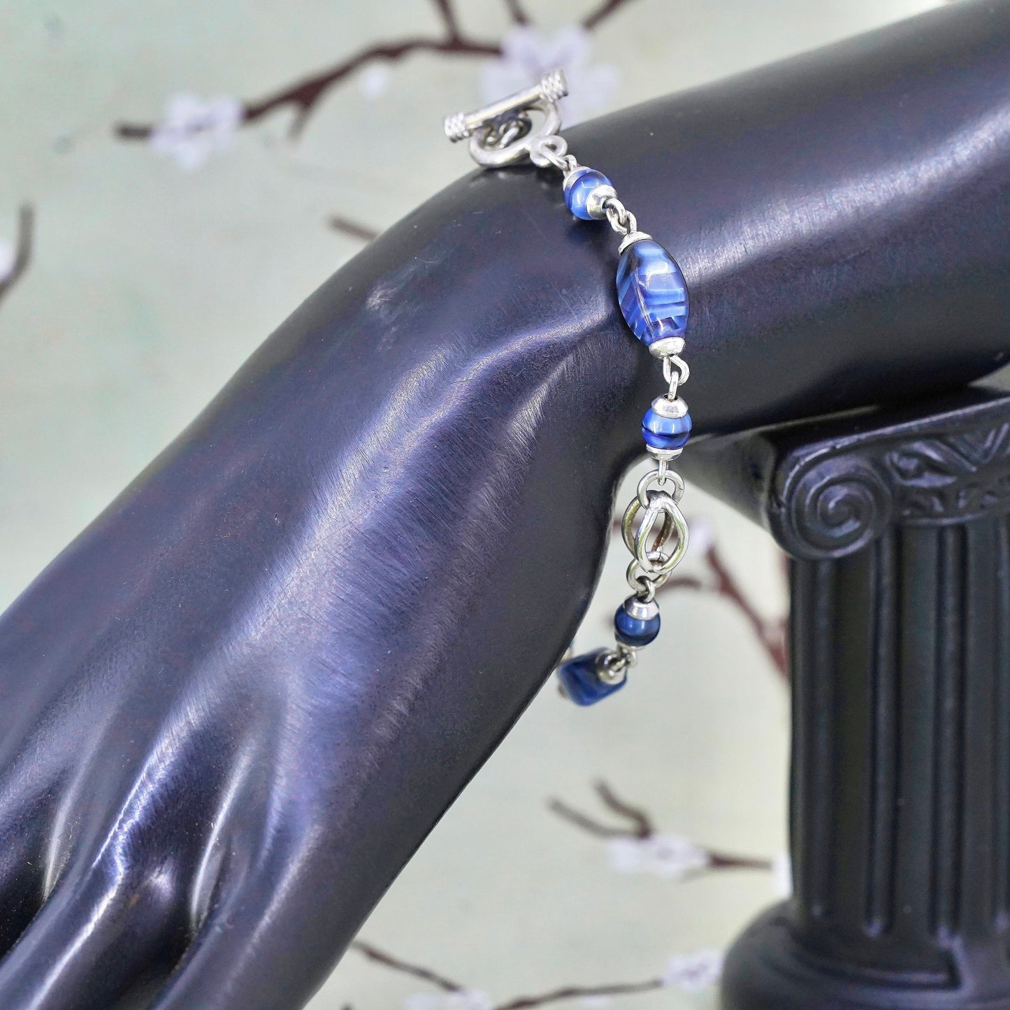 6.5”, Vintage Mexican sterling 925 silver bracelet with blue tiger eye nuggets