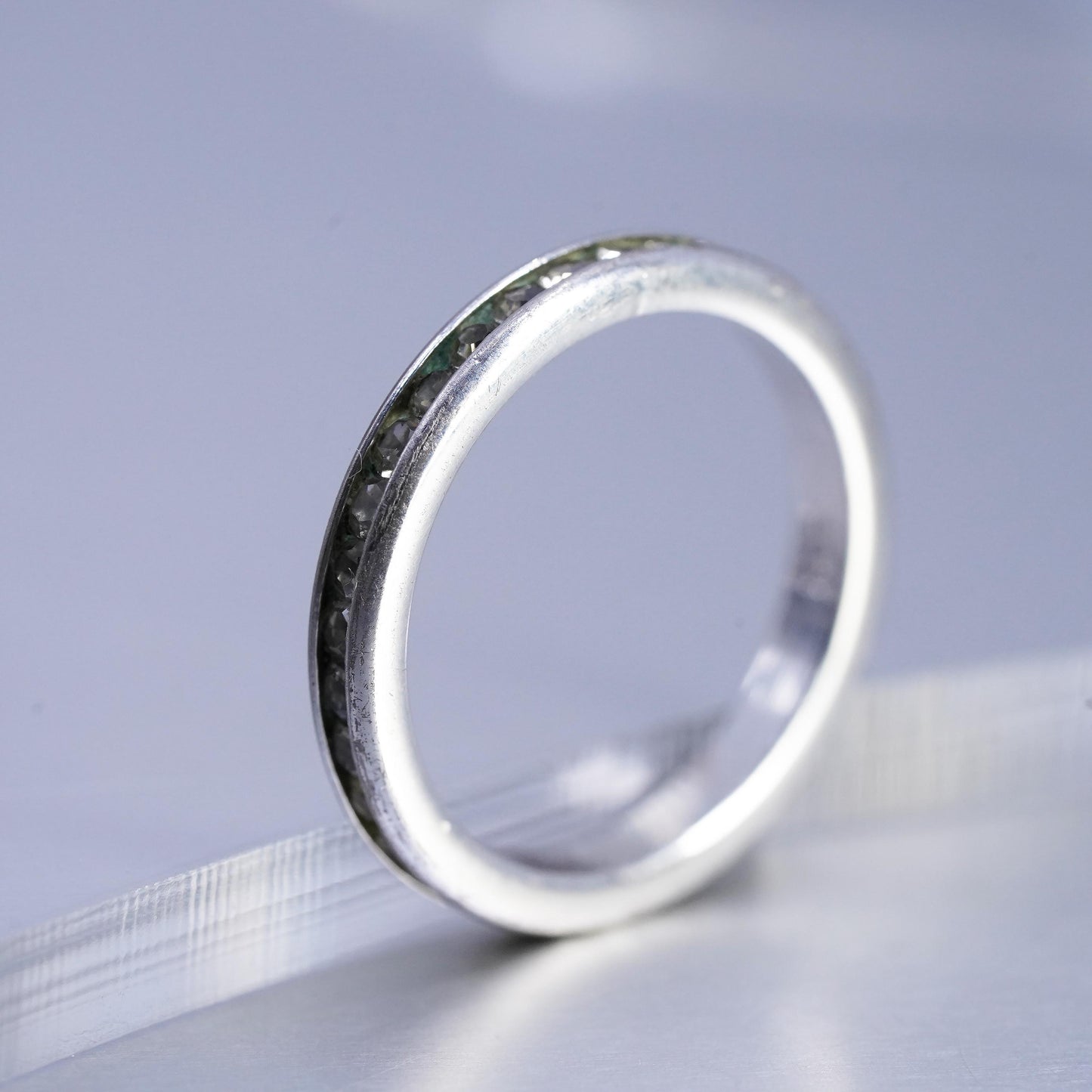 Size 8, vintage Sterling 925 silver handmade statement band ring w/ cluster Cz