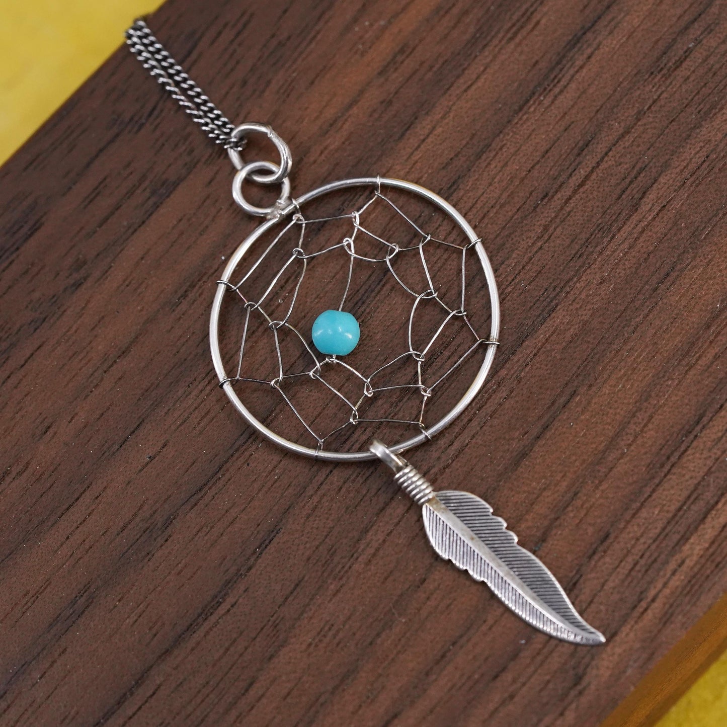 18", VTG sterling 925 Silver curb chain necklace net pendant feather dangles