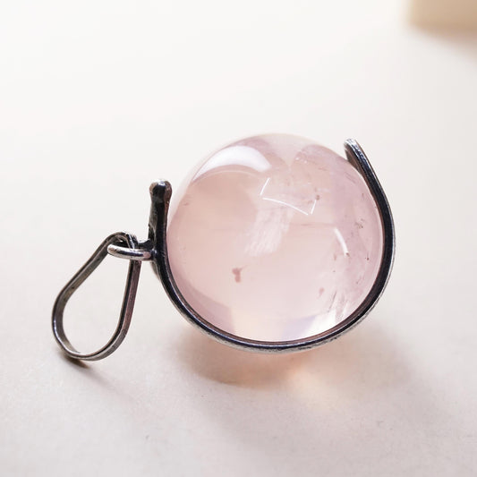 VTG handmade sterling silver charm, solid 925 silver pink quartz bead pendant