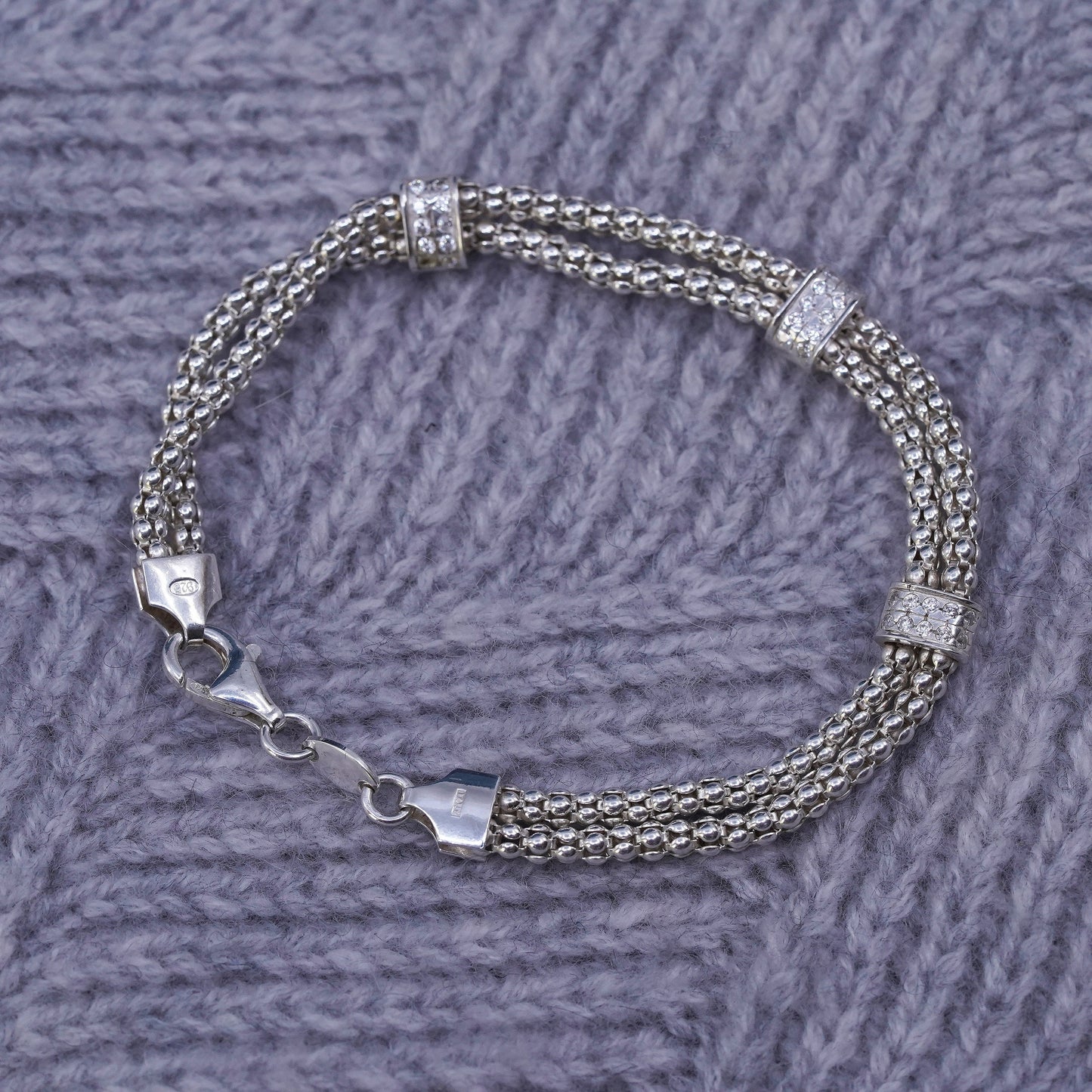 6.75", Dyadema multi strands sterling silver bracelet, 925 popcorn chain cz