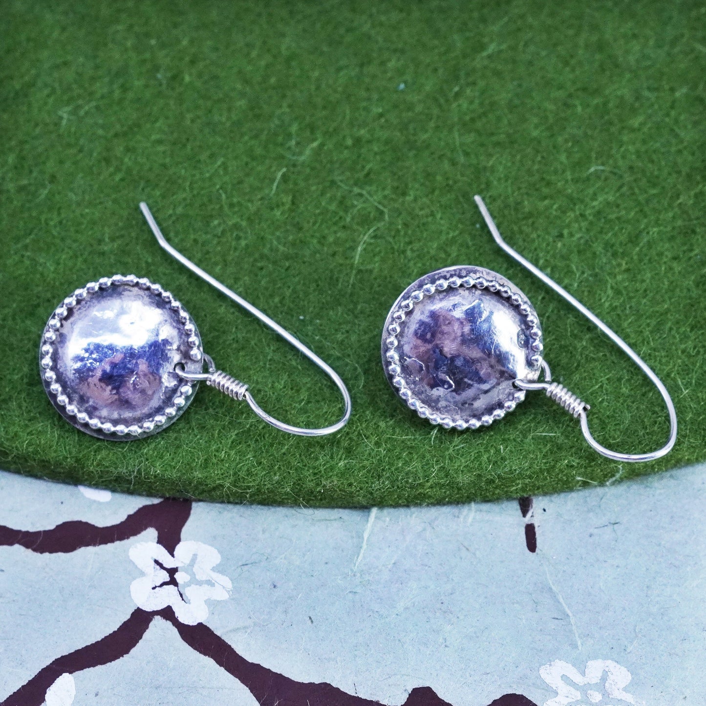Vintage Hammered textured Disc Sterling 925 Silver Earrings