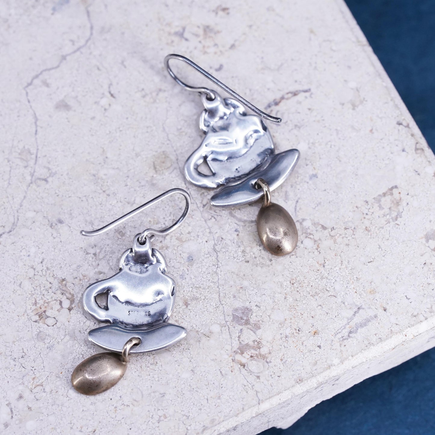 Southwestern sterling silver handmade earrings, 925 two tone cup coffee beans