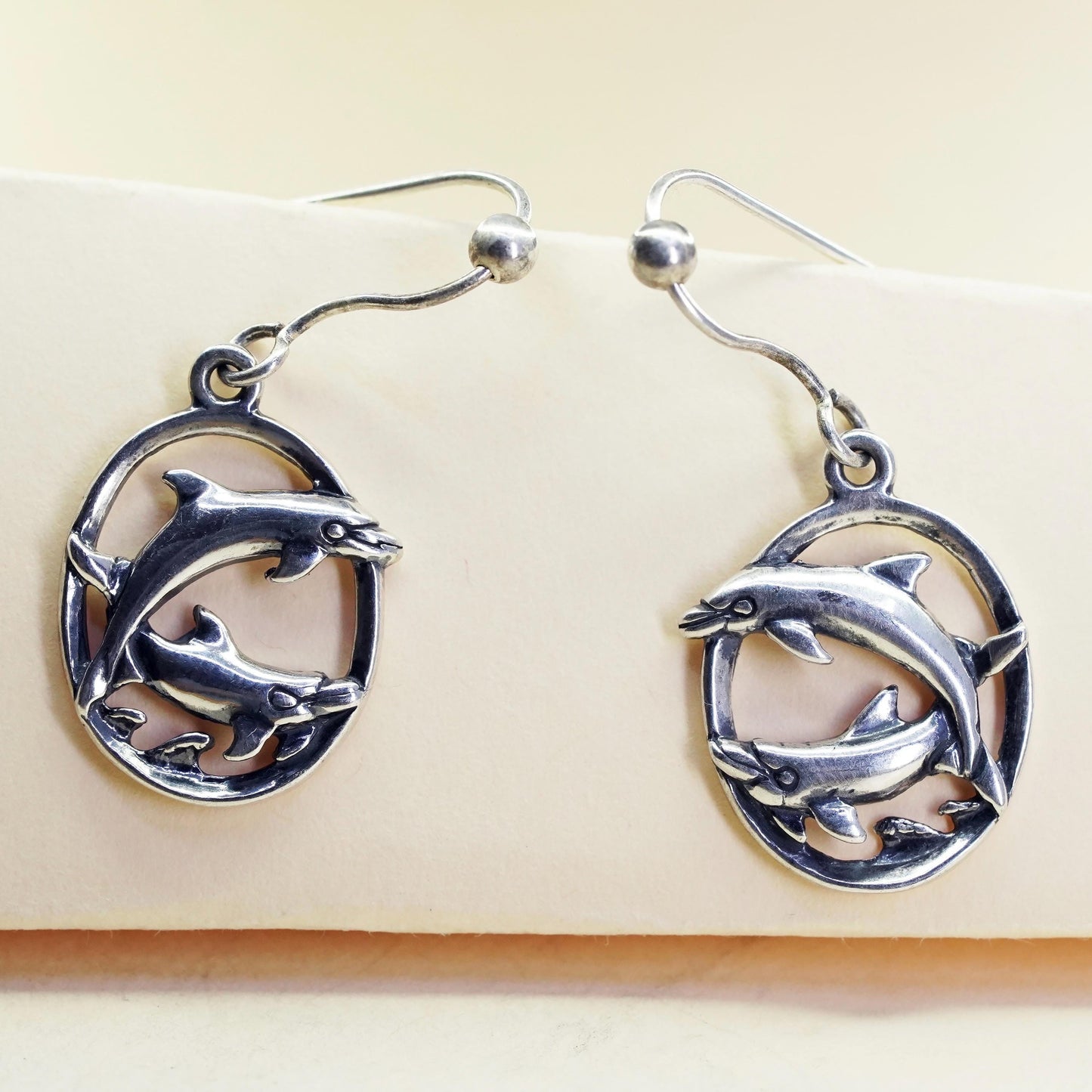 Vintage sterling 925 silver handmade dolphin drop earrings