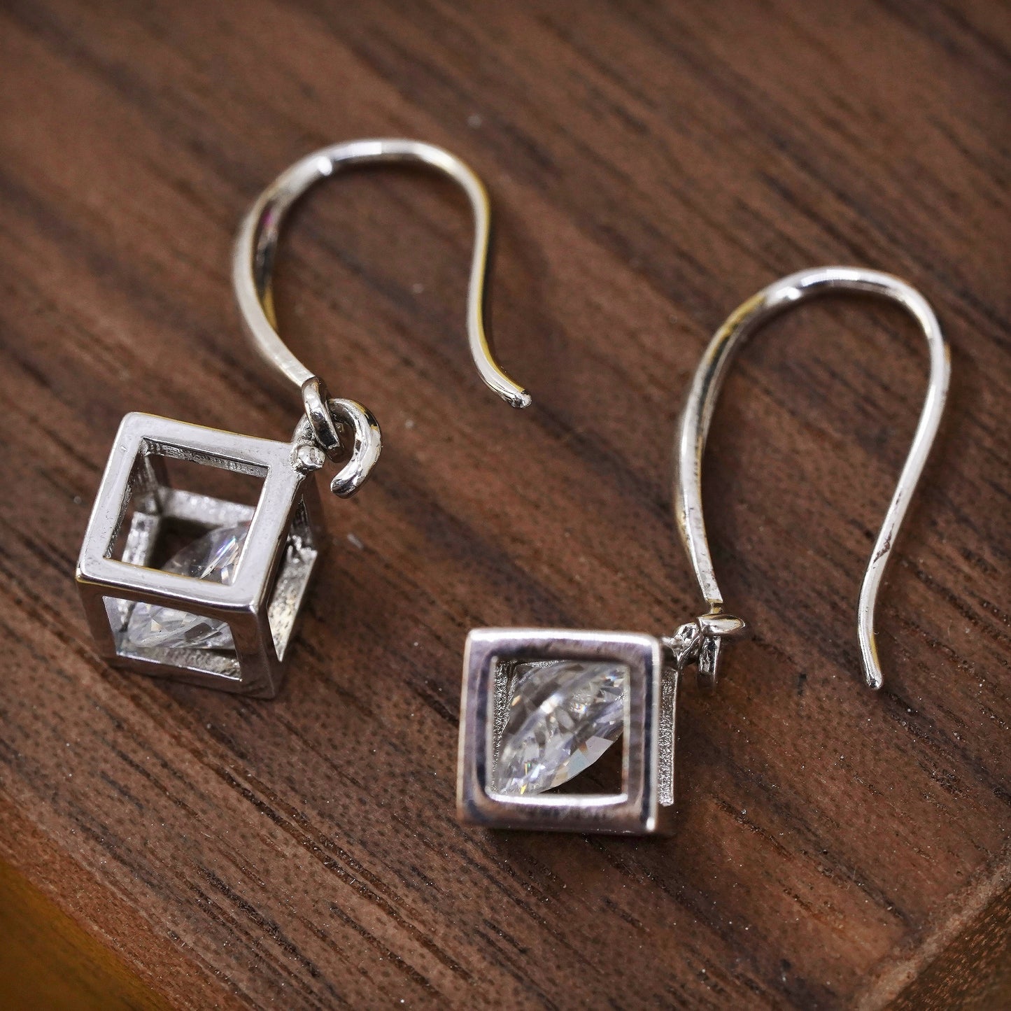 Vintage Sterling 925 silver handmade earrings with CZ cube cage dangles