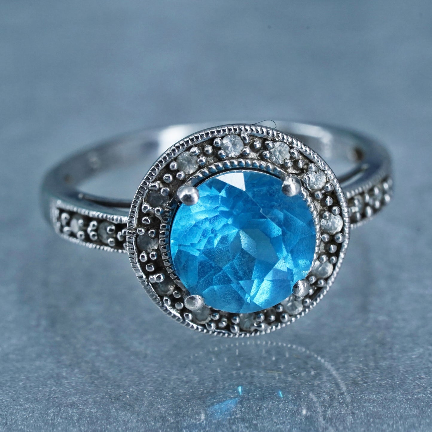 size 7, ISP Sterling Silver 925 Moissanite Diamonds HDS Helzberg Ring topaz