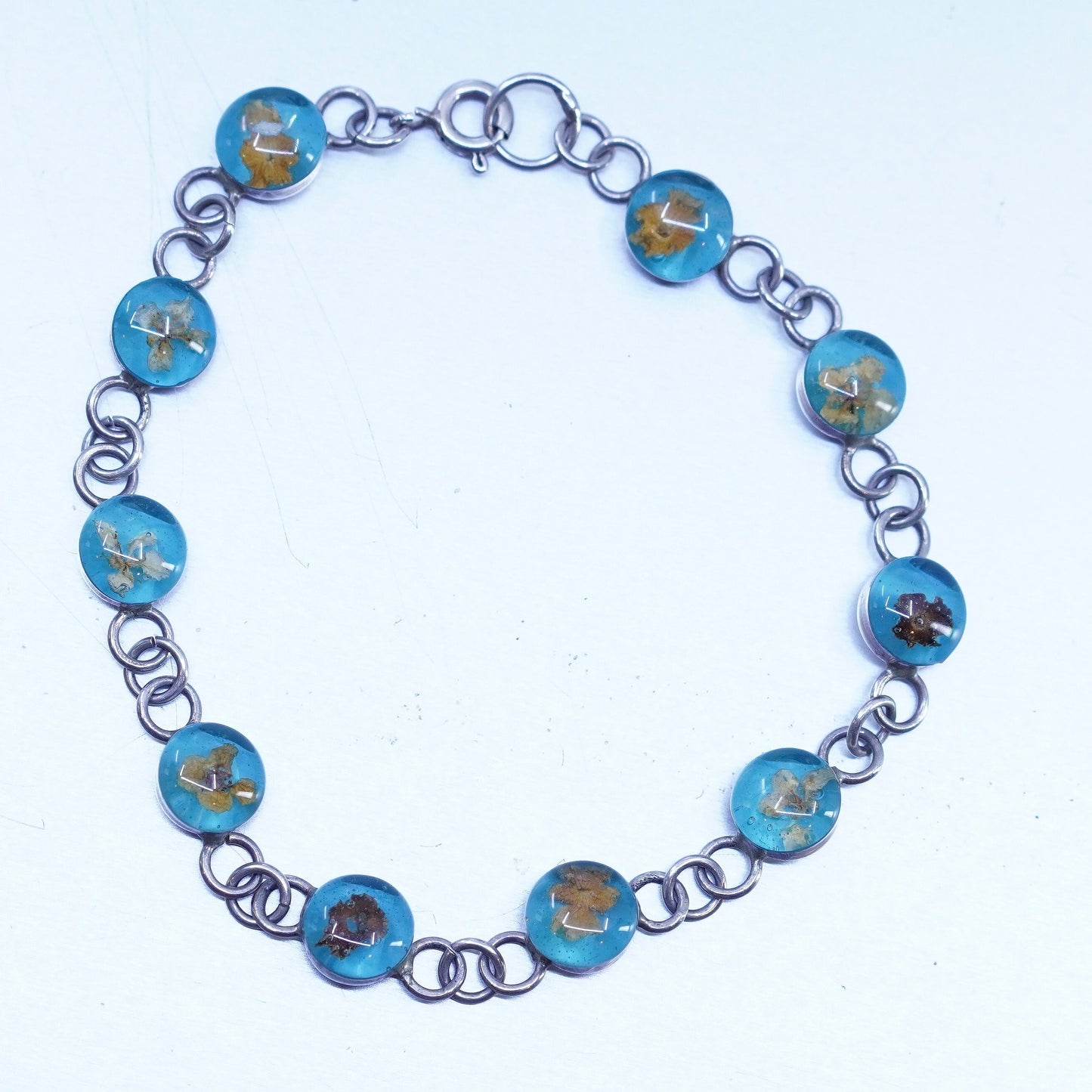 7.5”, Vintage Sterling 925 silver handmade resin flower bracelet