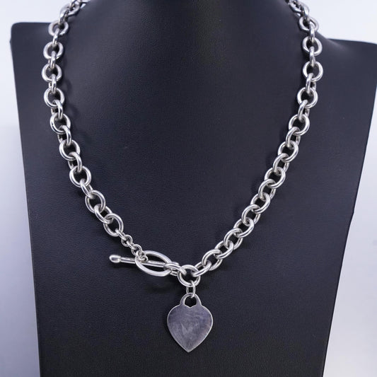17" Thailand IBB Sterling 925 silver circle necklace heart charm toggle closure