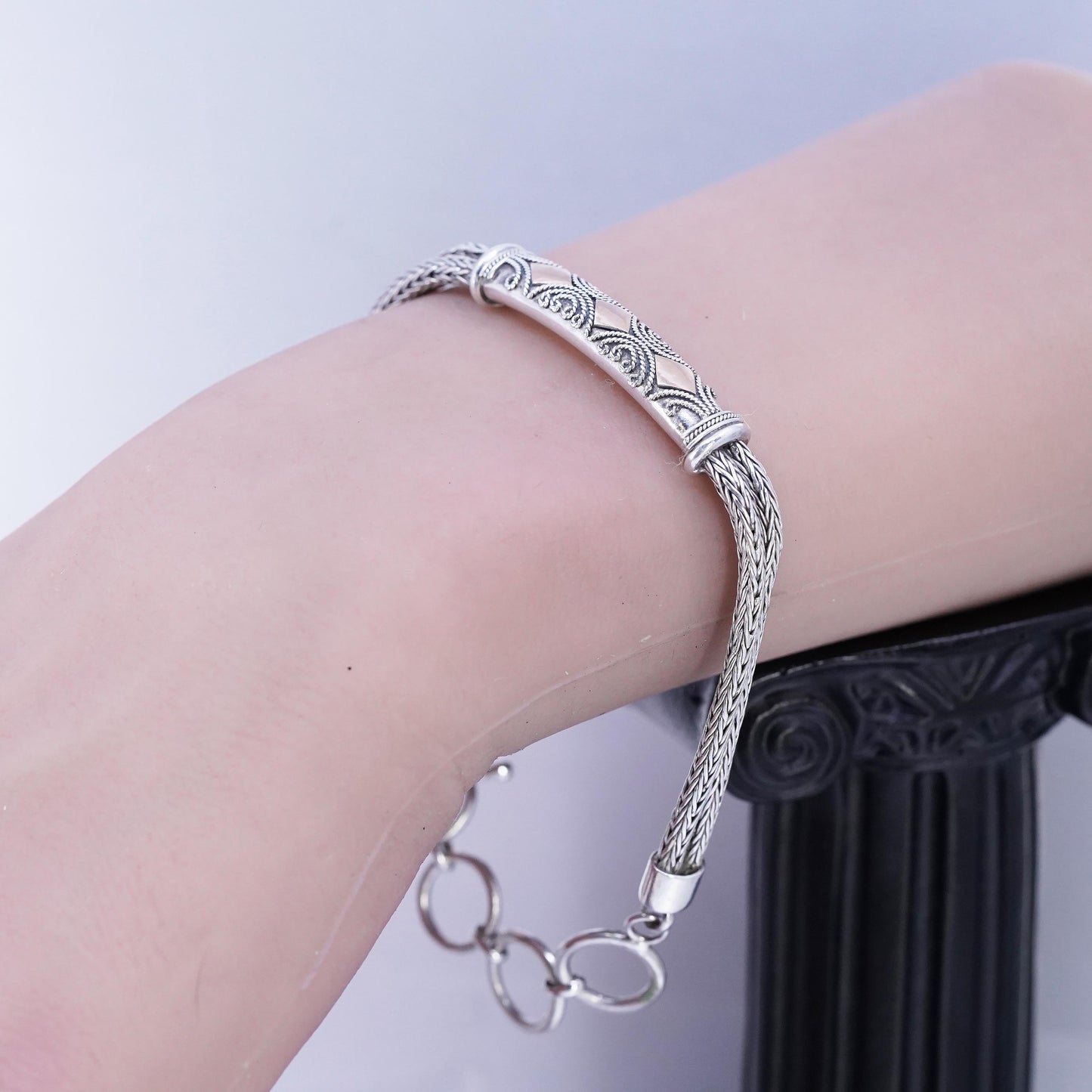 7+1.5", Sterling Silver Bracelet, 925 Double Wheat Chain bar, 12M rose gold
