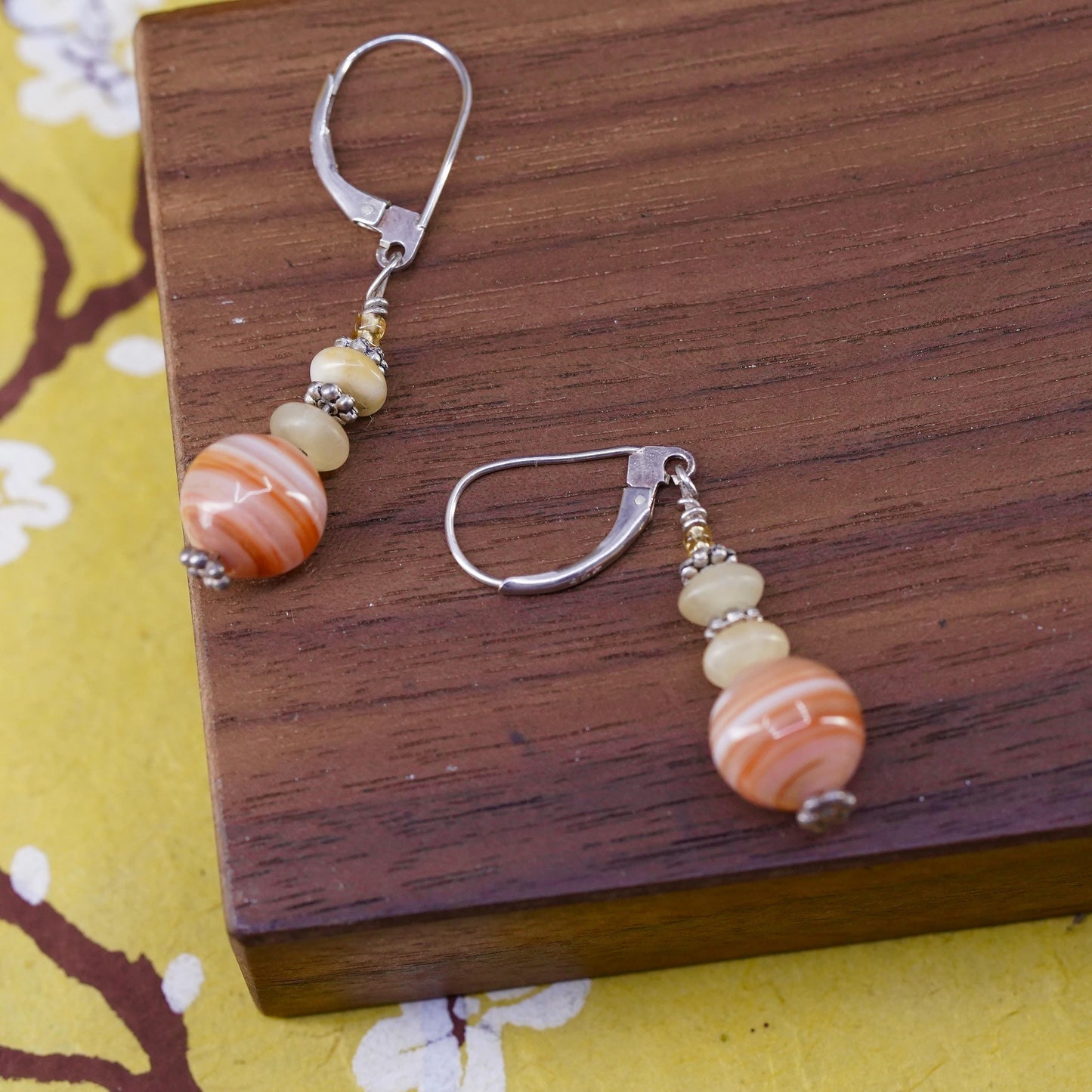 VTG Sterling silver handmade earrings, 925 lever back hooks orange agate beads