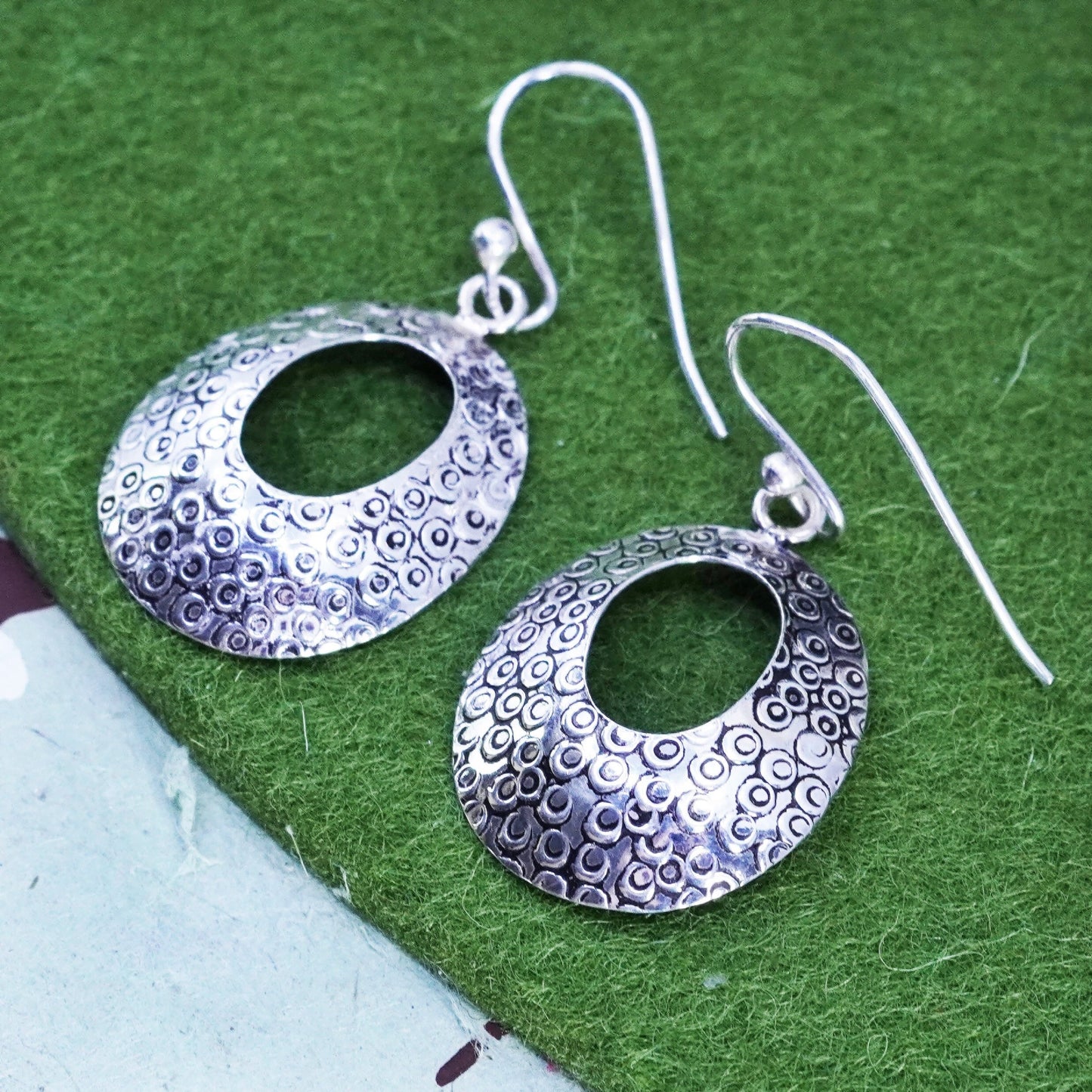 Vintage Sterling silver handmade earrings, textured 925 oval dangles
