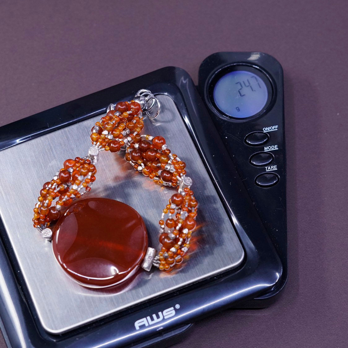 6.5”, vtg sterling silver handmade bracelet, 925 carnelian bead